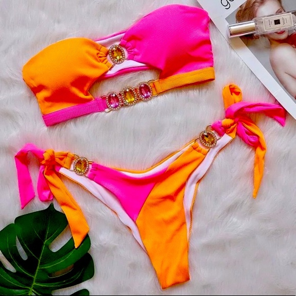 NWT M or L pink orange colorblock Brazilian high leg rise bandeau rhinestone gem